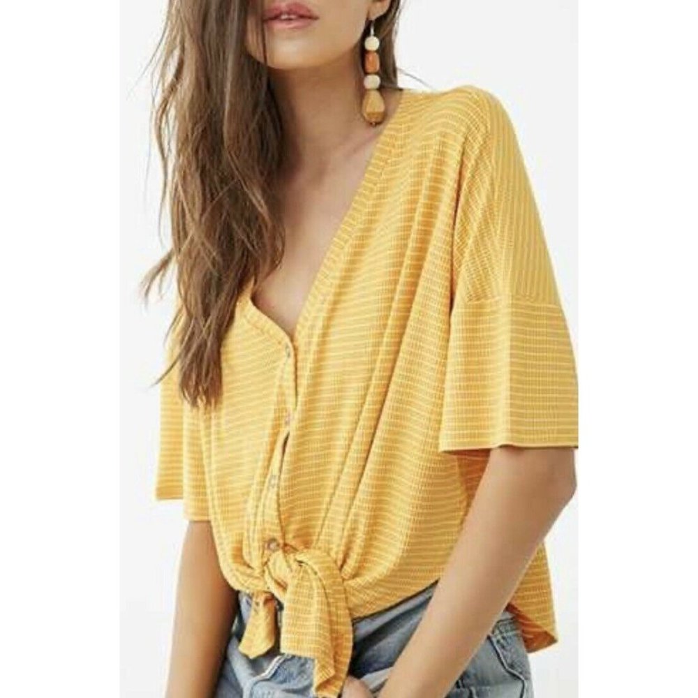 Forever 21 S Yellow White Oversized Striped Tie Hem Button Down Shirt